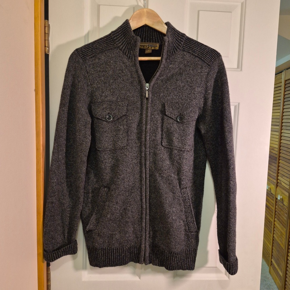 Pronto Uomo Blue Mens Small 100% Wool Full Zip Cardigan Sweater Charcoal Gray
